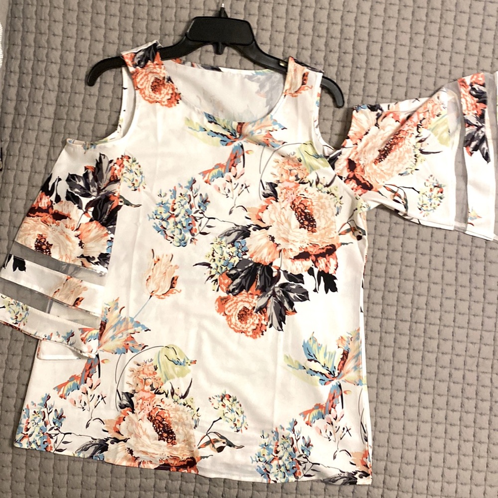 NWOT LookbookStore Crew Neck Mesh Panel Blouse 3/4 Bell Sleeve Cold Shoulder